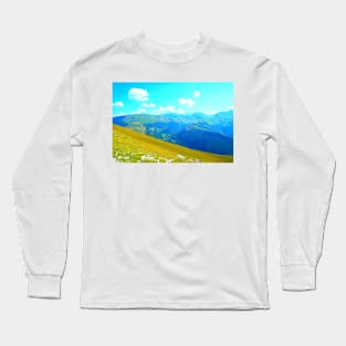 Scene from Sassotetto with a slope of grass and the Sibillini mountains with vegetation Long Sleeve T-Shirt